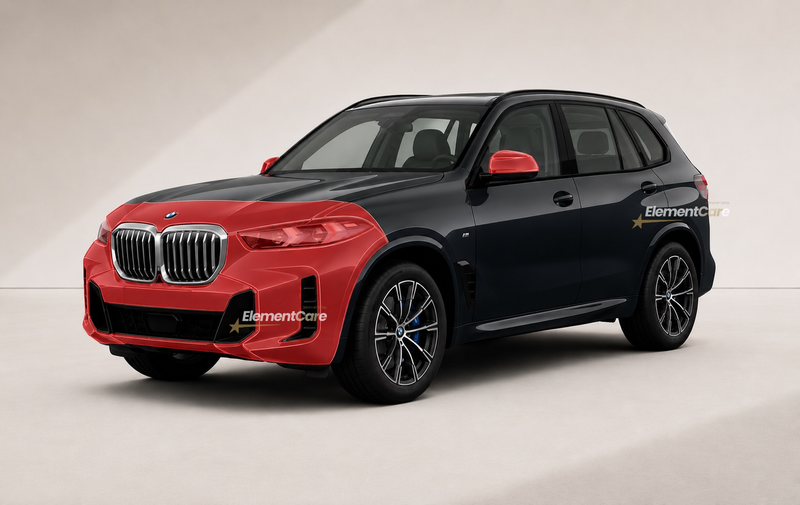 Black and red BMW SUV on a white background. front end ppf demonstration from element care melbourne