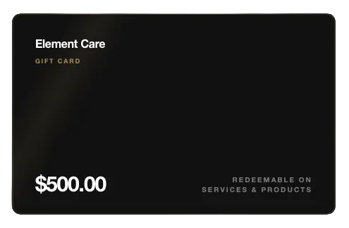 Black gift card with 'Element Care' branding and $500.00 value on a white background